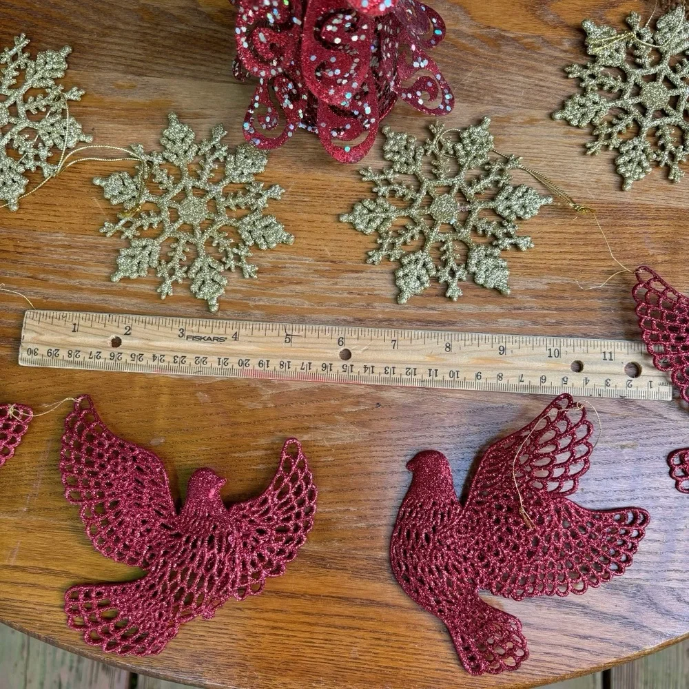 Christmas ornament bundle Red and gold Doves Snow flakes and Tree topper 9 pc